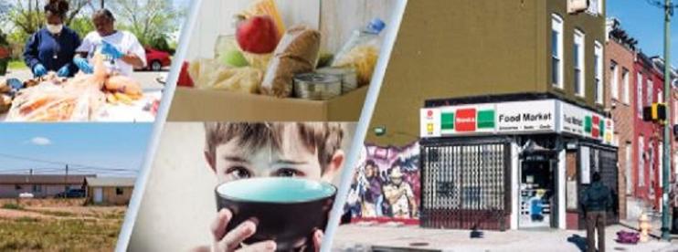 Picture descriptions starting from the upper-left corner and moving to the right: two women work at a food bank; a box full of food; a food market in a city; backyard of a house; and a child holding a bowel