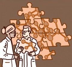 Illustration of a man holding a puzzle piece out to a woman with a completed puzzle in the background