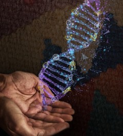 Two cupped hands holding an illustration of a DNA strand