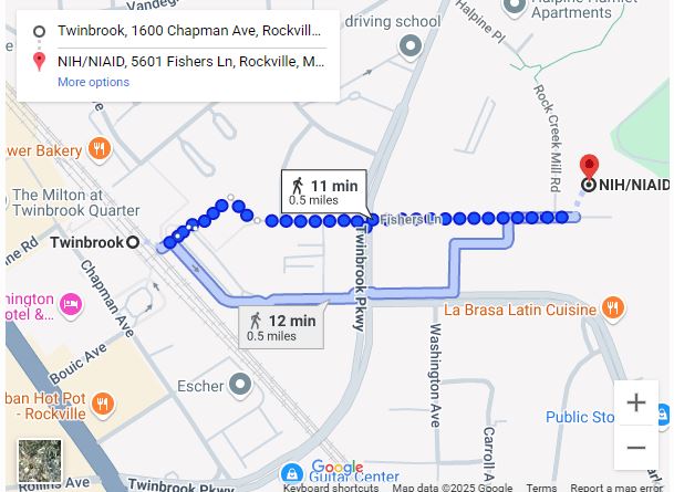 Google Map showing walking directions from Twinbrook Metro to NIH/NAID office building.
