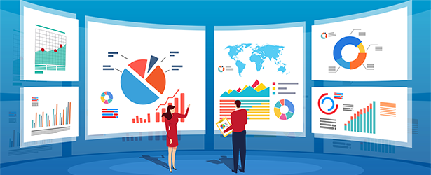 Illustration of people looking at a wall of charts and graphs