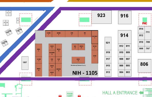 The NIH Pavilion (booth #1105) is on the lower level in Hall A of the convention center. As you enter the exhibit hall, look up to the rafters for the large NIH Ring circling above the NIH Pavilion area.