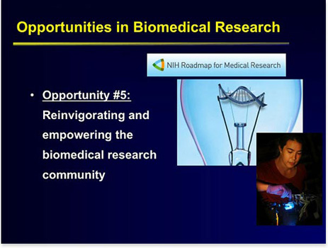 Slide 14 [Image of the wording "NIH Roadmap for Medical Research," a photographic depiction of a light bulb with a strand of DNA as the filament, and photo of a female researcher]