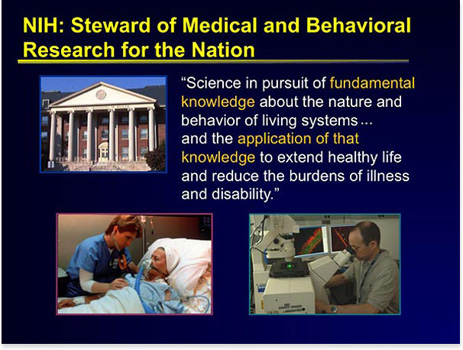 Slide 3 [Photos of Building 1 on the NIH campus in Bethesda, MD; a laboratory scientist; and patient receiving treatment]