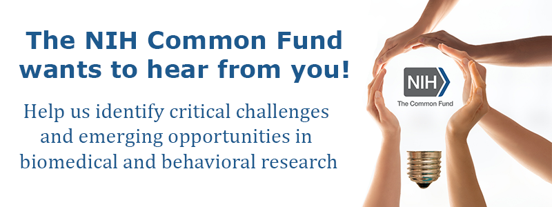 The NIH Common Fund wants to hear from you! Help us identify critical challenges and emerging opportunities in biomedical and behavioral research. Image of hands in the shape of a lightbulb with the NIH Common Fund logo centered.