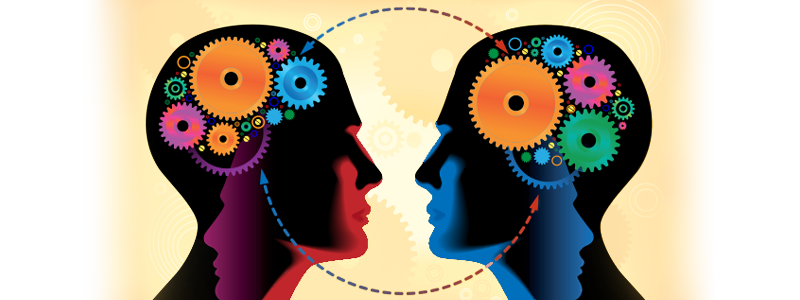Two figures with gears in brain area facing each other