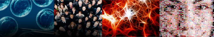 Stem cells. A group of people. A network of neurons. A face formed by a mosaic collage.