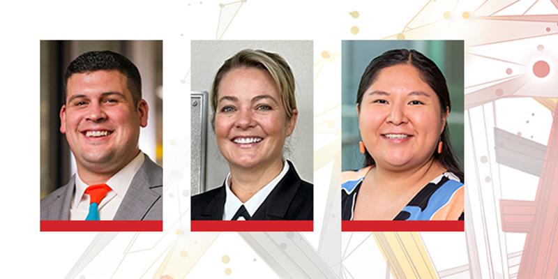 Evan White, Julie Erb-Alvarez, Natalie Joe with background image of a DNA helix.